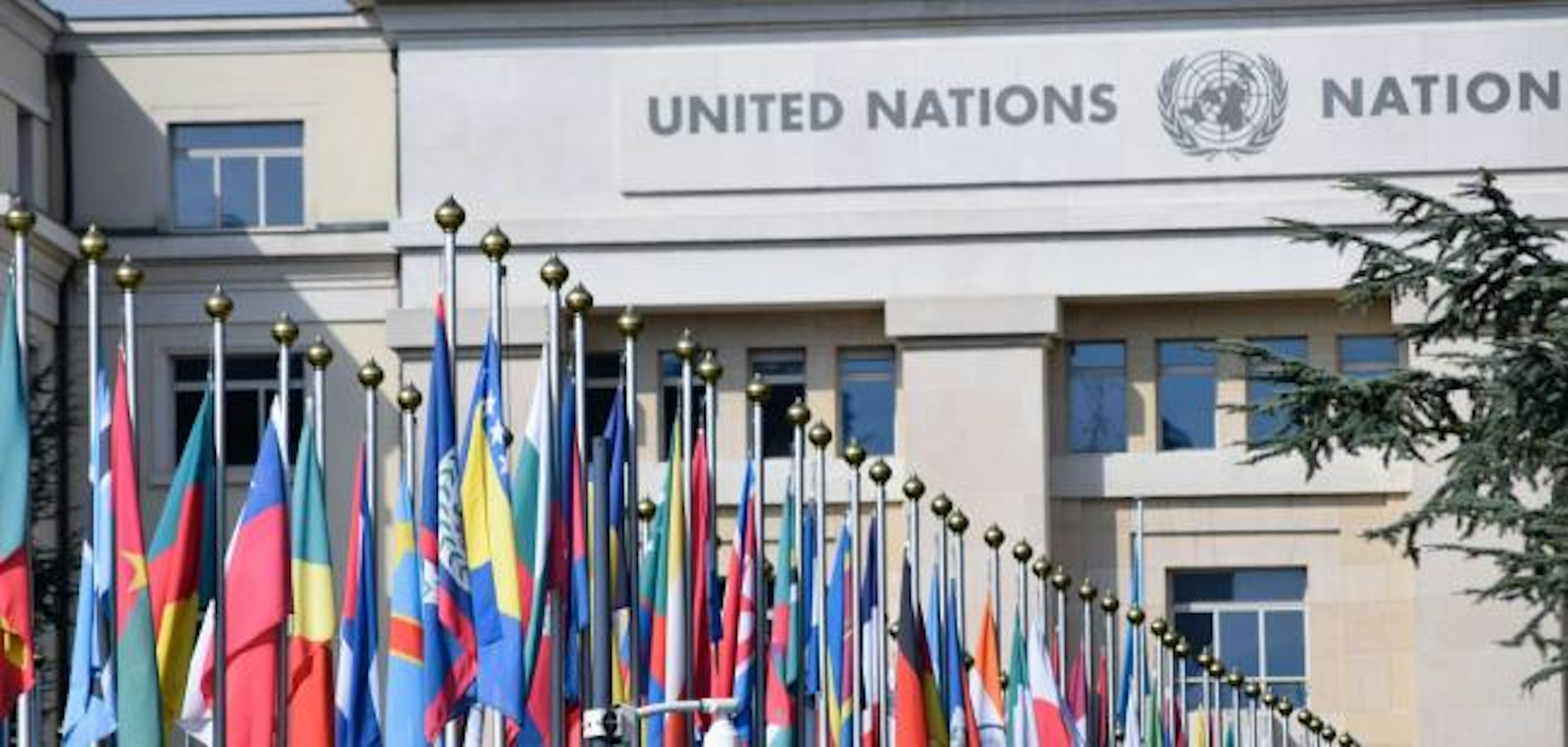 Flags of nations outside United Nations office in Geneva. Photo by Xabi Oregi