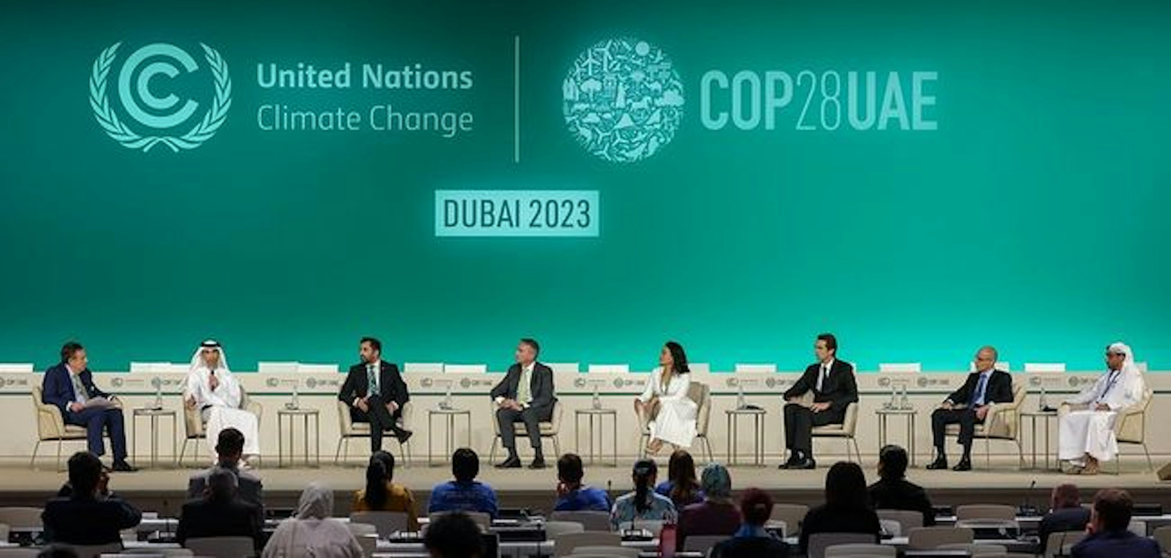 DECEMBER 4: Panelists onstage at The Sustainable Trade Summit​ during the UN Climate Change Conference COP28 at Expo City Dubai on December 4, 2023, in Dubai, United Arab Emirates. (Photo by COP28 / Christopher Pike)