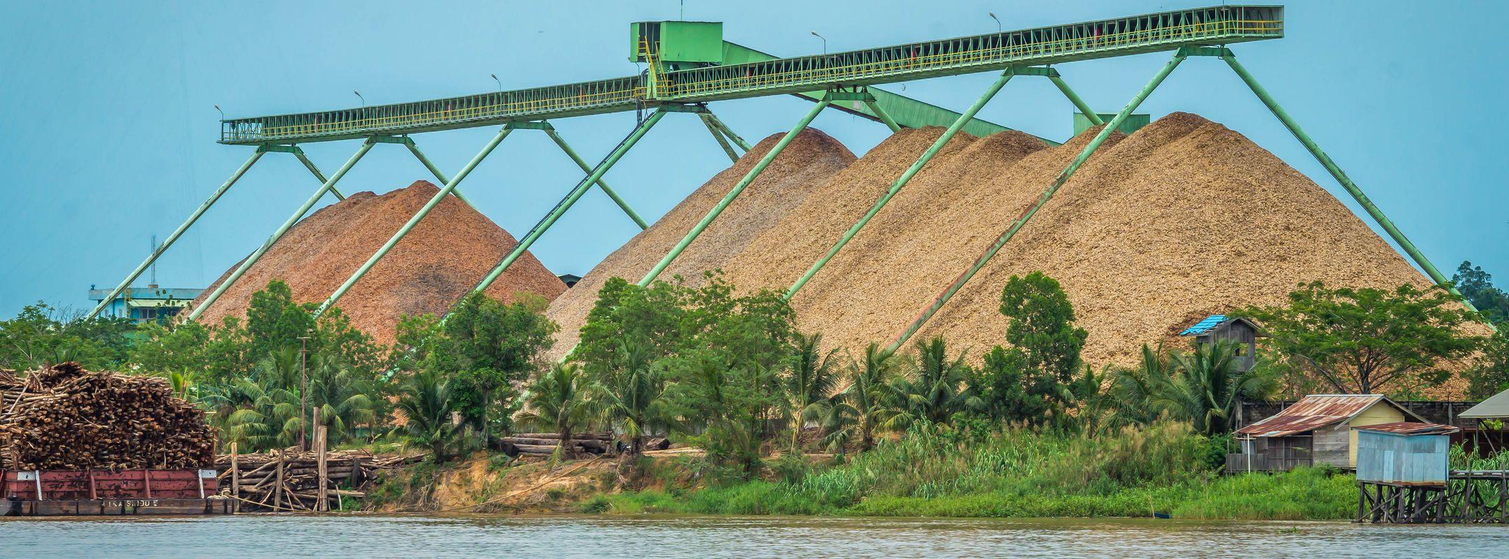 Wood chip factory on Mahakam riverbank with conveyor and stockpile, Indonesia