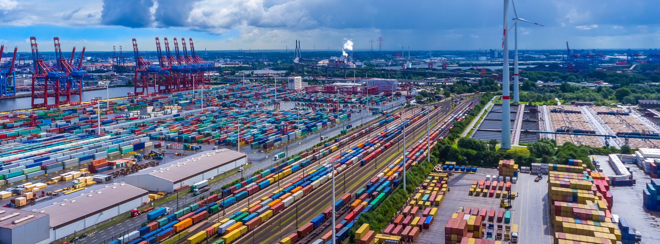 Panorama aerial view harbor Hamburg container. 