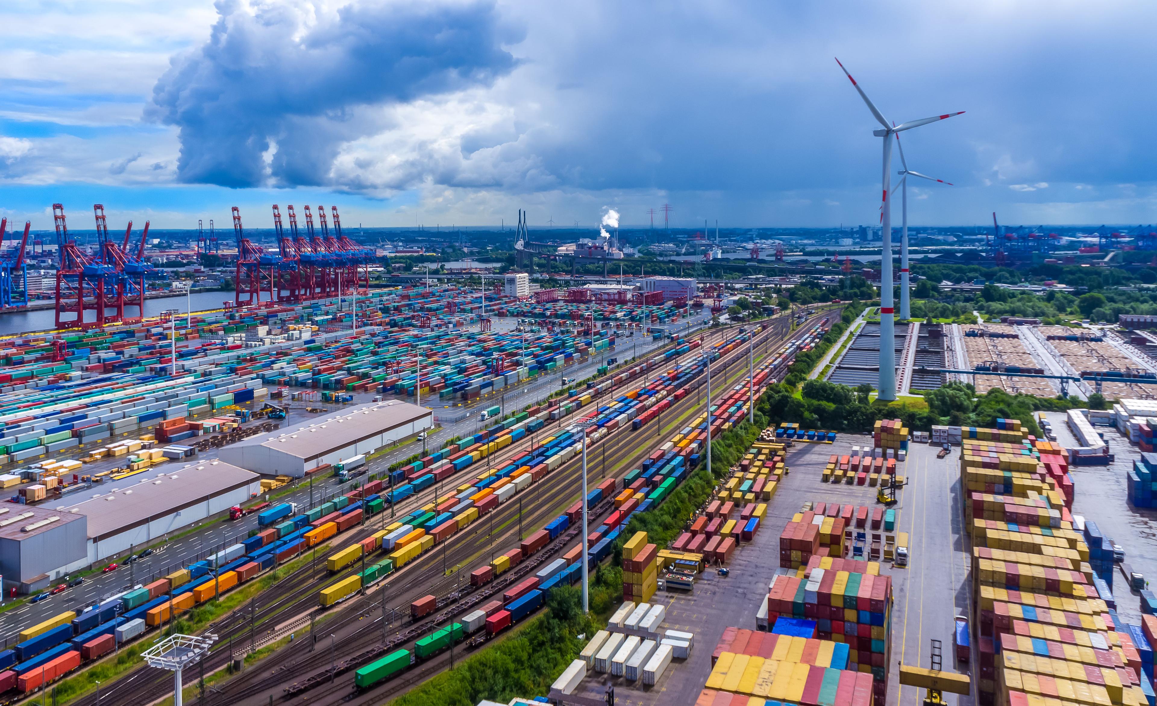 Panorama aerial view harbor Hamburg container.