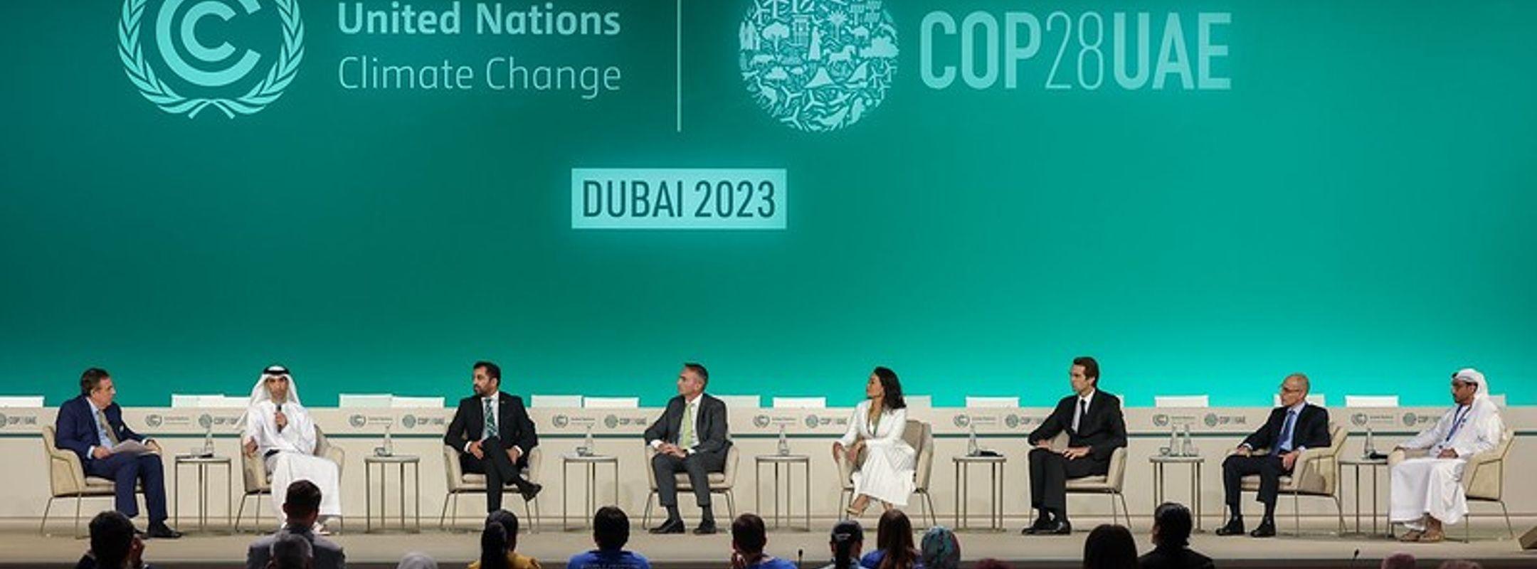 DECEMBER 4: Panelists onstage at The Sustainable Trade Summit​ during the UN Climate Change Conference COP28 at Expo City Dubai on December 4, 2023, in Dubai, United Arab Emirates. (Photo by COP28 / Christopher Pike)